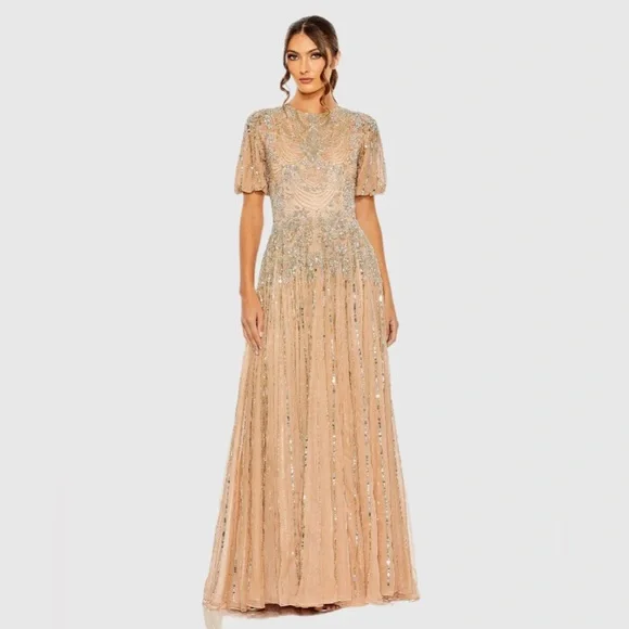 MAC DUGGAL
Beige High Neck Puff Sleeve Embellished A Line
Gown Size 14 MOB - Picture 1 of 3